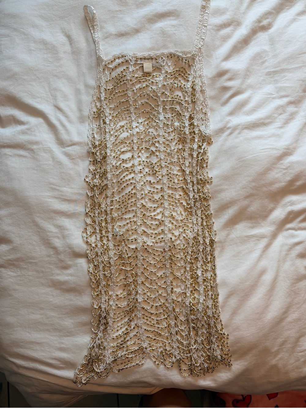 White/ivory Sheer Crochet-style Cover-up Dress with Gold Beaded Accents